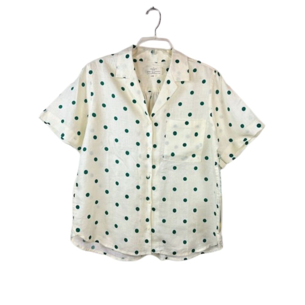 Birds of Paradis Trovata Cream Green Polka Dot Linen Camp Shirt Top Size Large